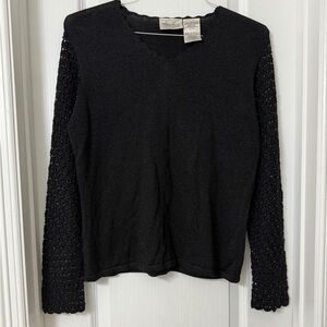 Kathie Lee Vintage Sweater Crochet Eyelet Beaded Sleeves Black Shimmer Size M